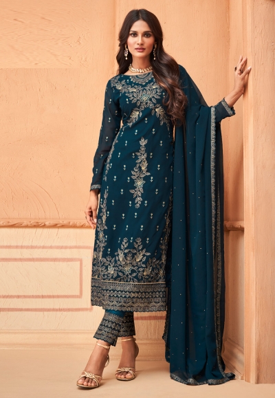 Blue georgette embroidered pant style suit 96001