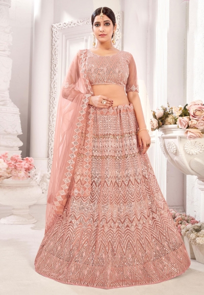 Peach net sequins work lehenga choli 126646