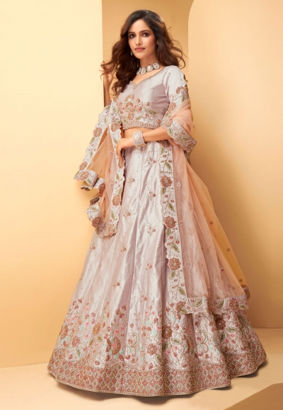 Grey silk embroidered lehenga choli 1026