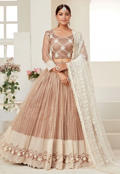 Brown net sequins work lehenga choli 3006