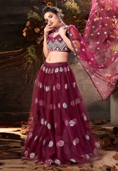 Purple net mirror work lehenga choli 1070