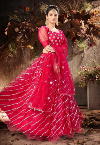 Pink net mirror work lehenga choli 1068