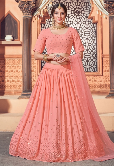 Peach georgette sequins work lehenga choli 1721