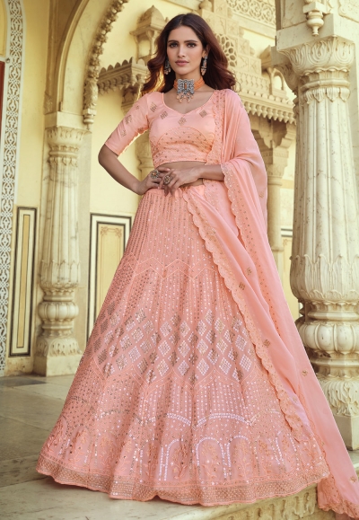 Peach georgette sequins work lehenga choli 7707