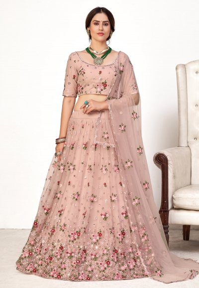 Peach net embroidered lehenga choli 1741