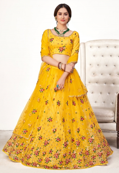 Yellow net sequins work lehenga choli 1742