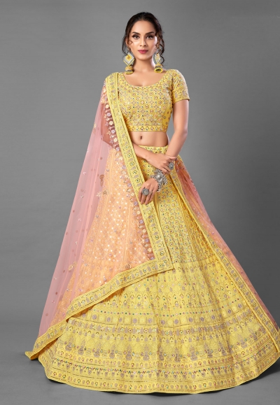 Yellow georgette sequins work lehenga choli 6904