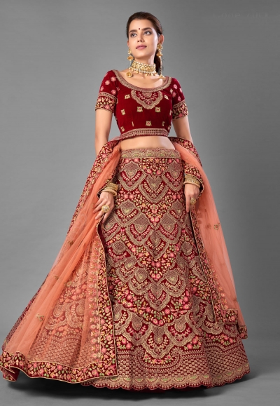 Maroon velvet wedding lehenga choli 7002