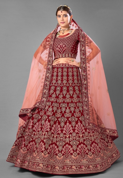 Maroon velvet wedding lehenga choli 7007