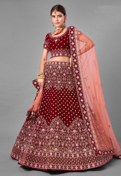 Maroon embroidered velvet bridal lehenga choli 7008