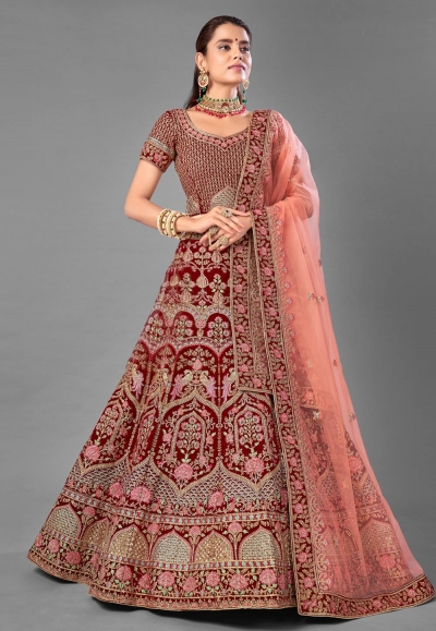 Maroon velvet embroidered bridal lehenga choli 7011