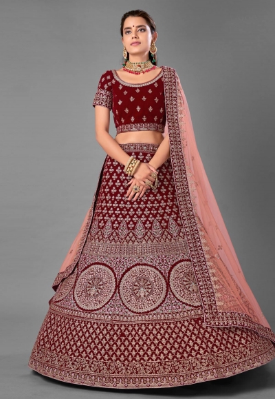 Maroon velvet wedding lehenga choli 7012