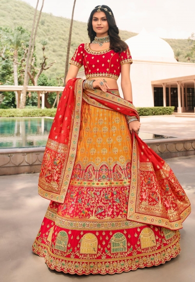 Yellow banarasi silk embroidered lehenga choli 10121