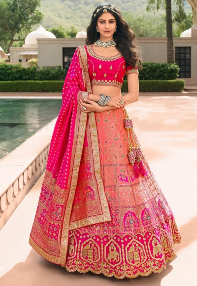 Peach banarasi silk embroidered lehenga choli 10124