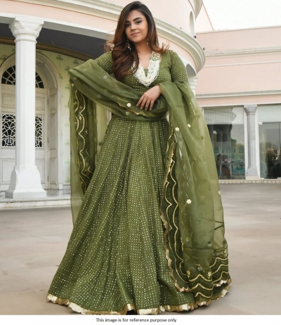 Bollywood model Olive green georgette sequins lehenga