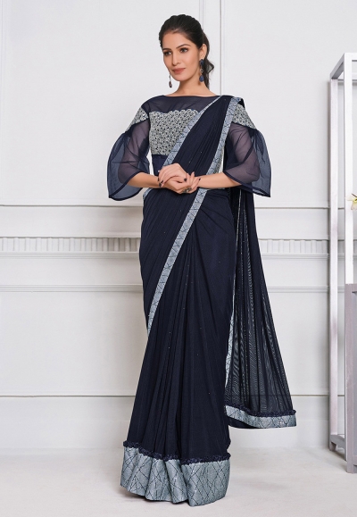 Blue lycra saree with designer blouse 21506