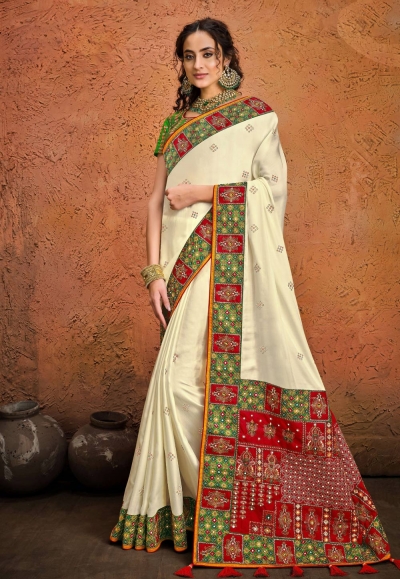 Off white satin festival wear saree 5602