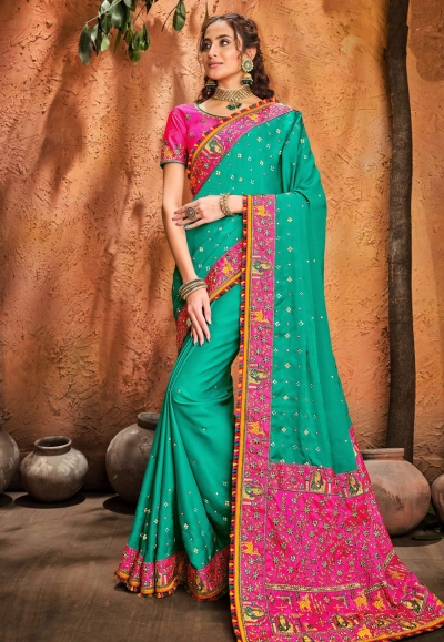 Turquoise silk festival wear saree 5604