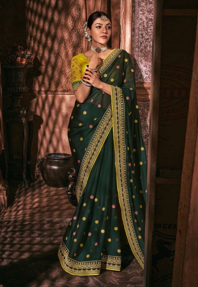 Kajal aggarwal dark green silk bollywood saree 5178