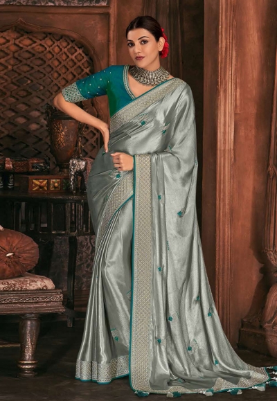 Kajal aggarwal grey silk bollywood saree 5183