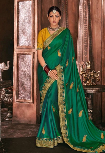 Kajal aggarwal green silk party wear saree 5184