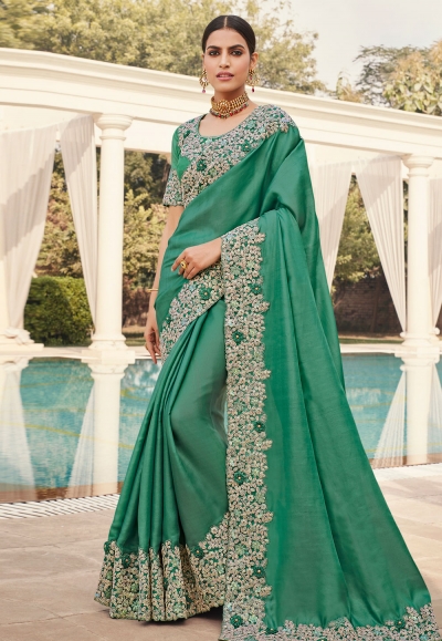 Sea green silk saree with blouse 6609