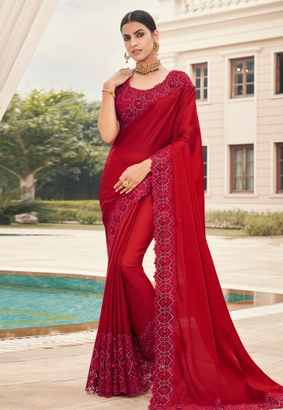 Red satin silk saree with blouse 6601