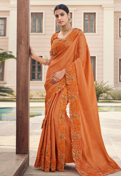 Orange silk festival wear saree 6606