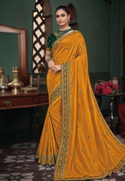 Yellow silk party wear saree 117929