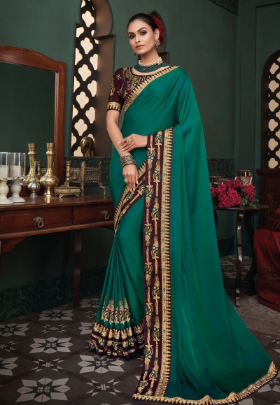 Teal silk party wear saree 117933