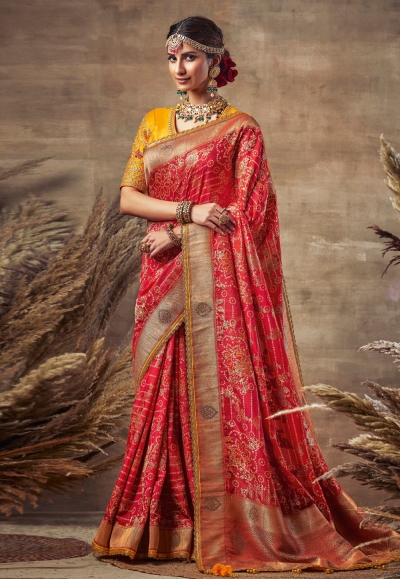 Pink banarasi silk saree with blouse 123671