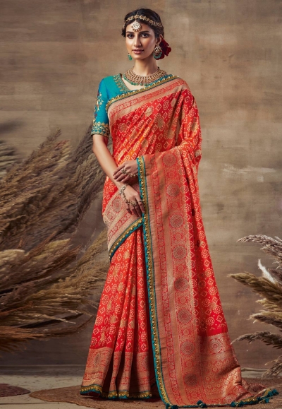 Red banarasi silk festival wear saree 123679