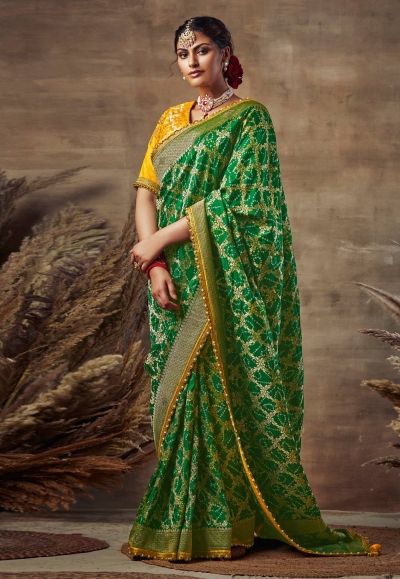 Green banarasi silk saree with blouse 123678