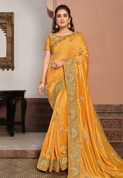 Yellow silk georgette festival wear saree 21405