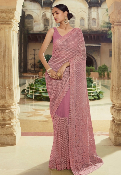 Pink net party wear saree 6213