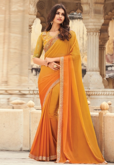 Yellow chiffon festival wear saree 802