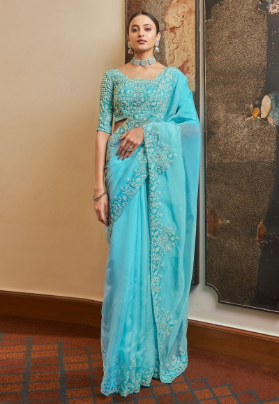 Sky blue organza saree with blouse 7401