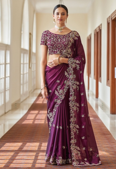 Purple crepe party wear saree with blouse 7405