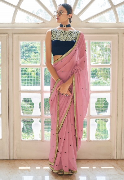 Pink georgette party wear saree 7406