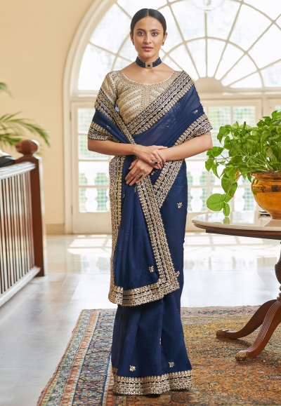 Navy blue organza party wear saree 7407