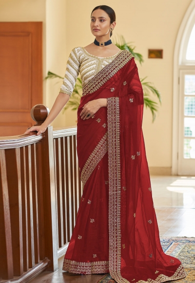 Maroon organza party wear saree with blouse 7411