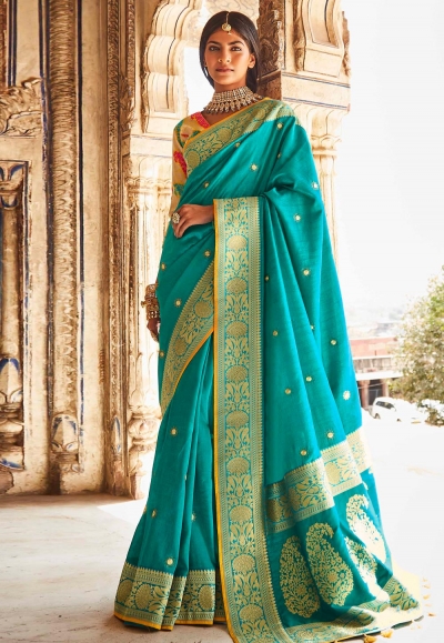 Turquoise silk festival wear saree 1385