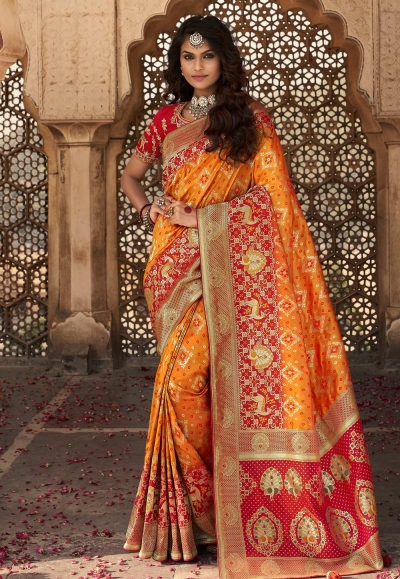 Orange banarasi silk festival wear saree 10115