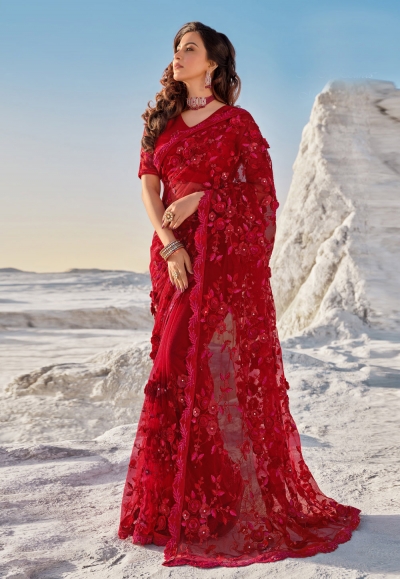 Red net festival wear saree 5701