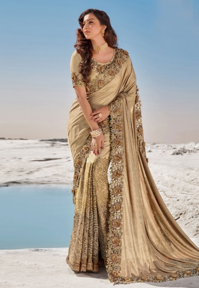 Beige net saree with blouse 5702