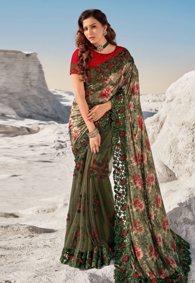 Mehndi net saree with blouse 5707