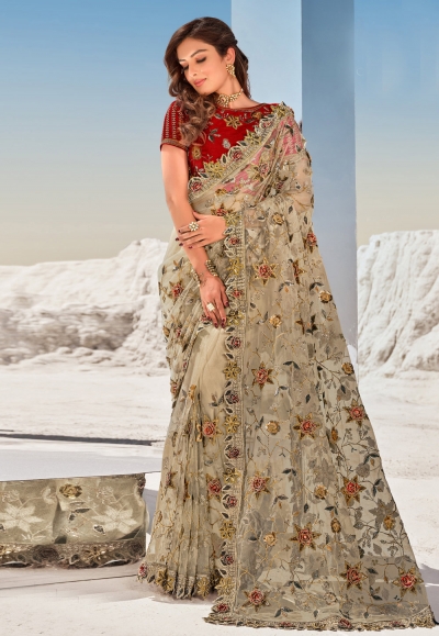 Beige net festival wear saree 5708