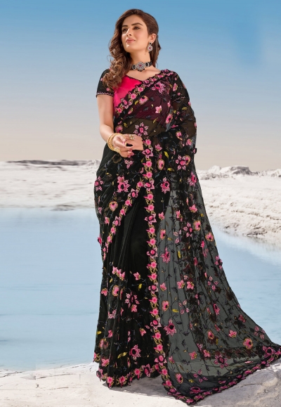 Black net festival wear saree 5710