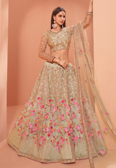 Beige net embroidered sequins work lehenga choli 1037