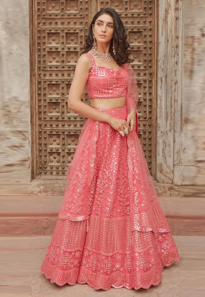 Pink organza embroidered lehenga choli 1003